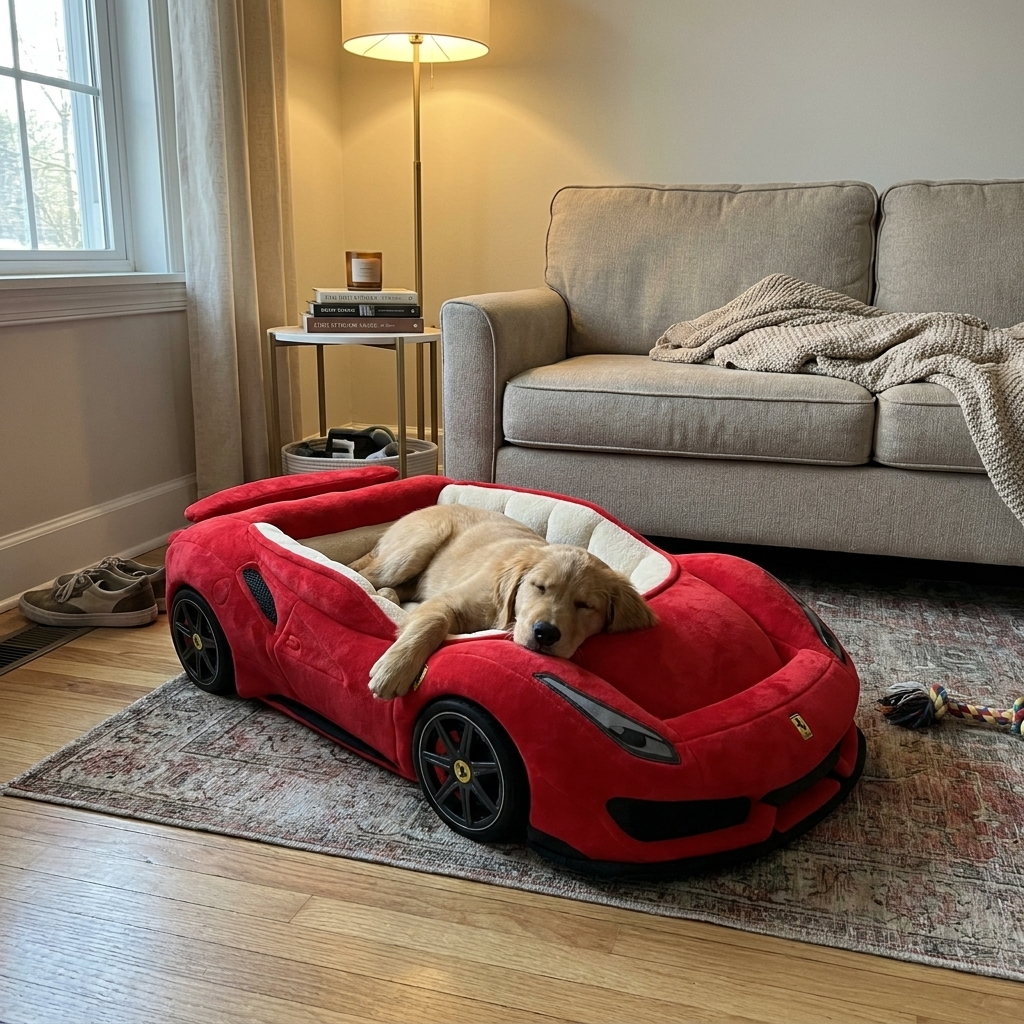 Cachorro golden retriever dormido en una cama Paw Royale roja