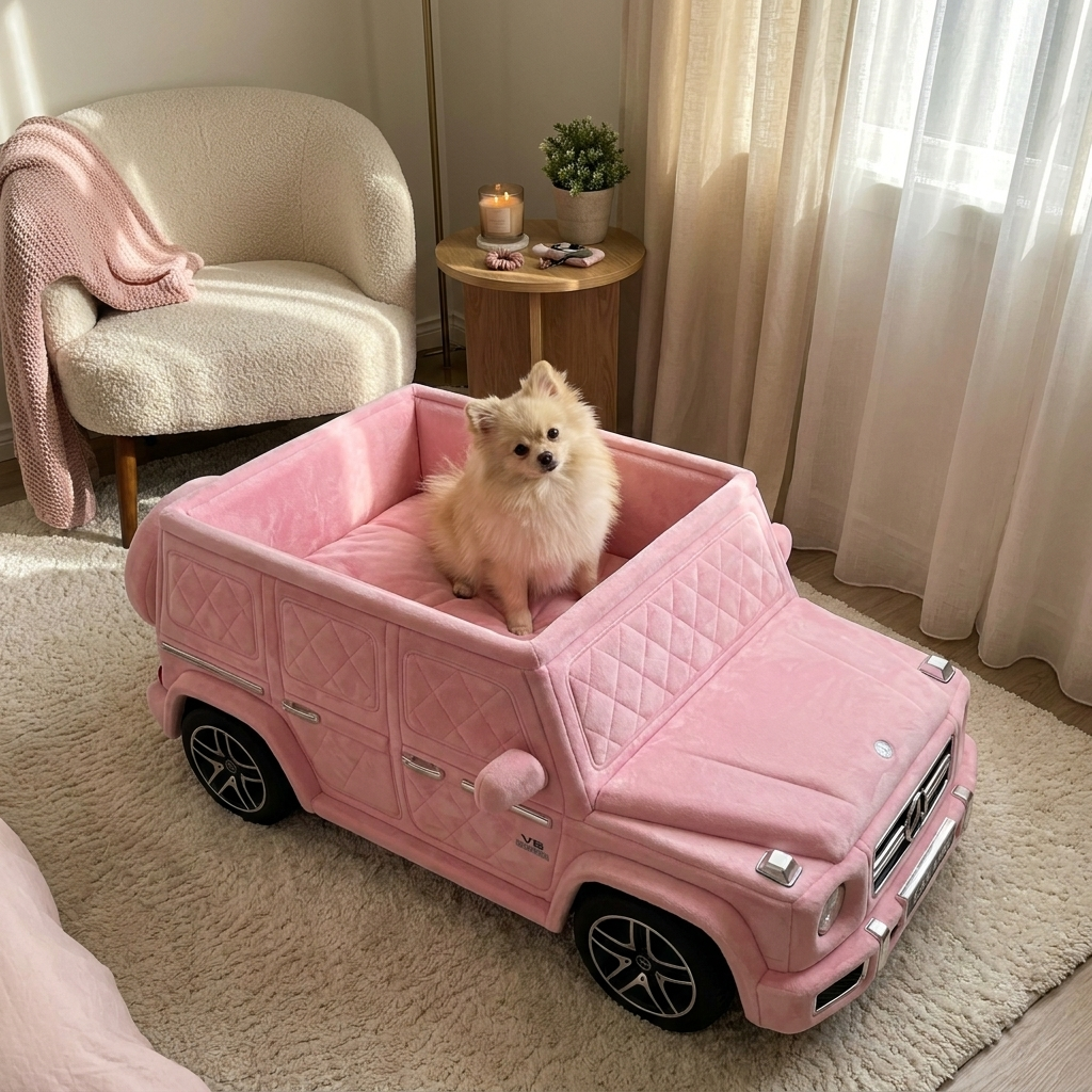 Pomerania sentado en una cama todoterreno Paw Royale rosa